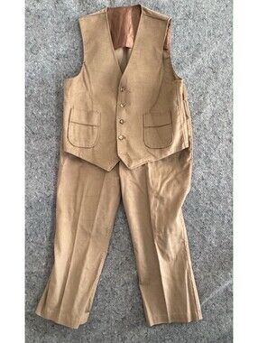 Vintage Harris Slacks Corduroy 2 Piece Set Vest Pants Tan 70s 80s Suit Mens M L